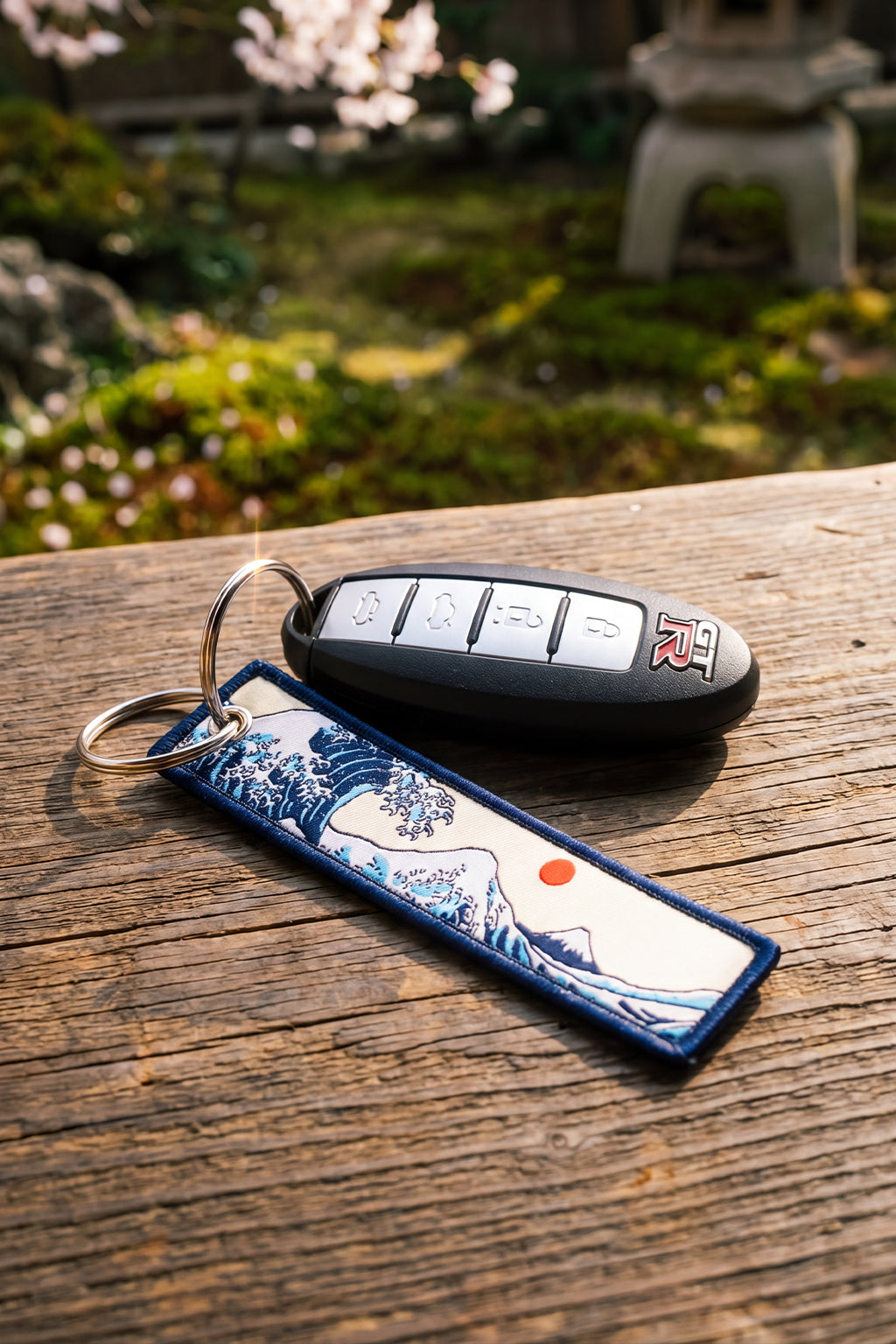 Key fob and decorative keychain on a wooden surface with a blurred natural background