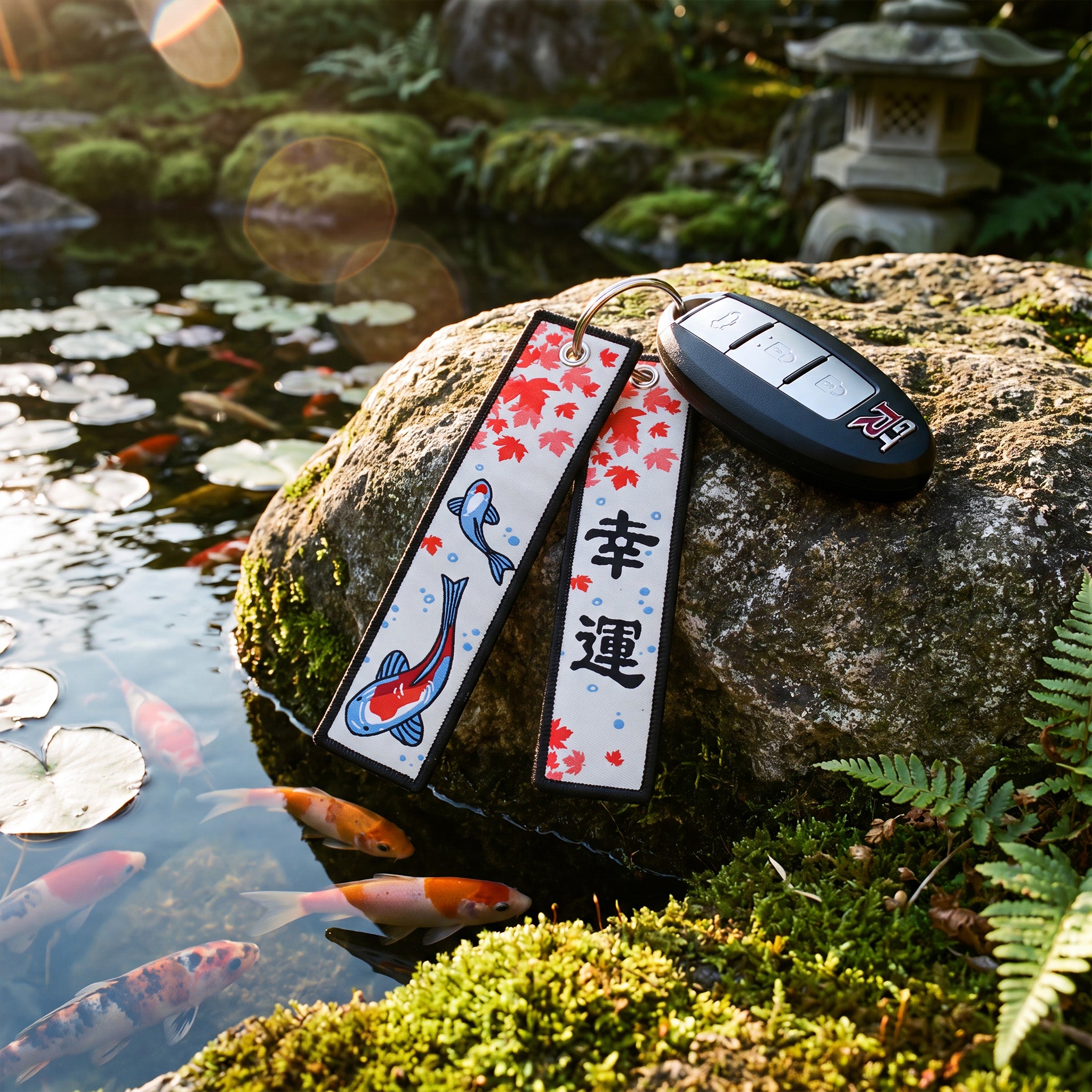 Two Japanese koi fish and maple leaf hanging bookmarks with black Japanese characters, resting on a mossy rock next to a pond with koi fish and a car key.