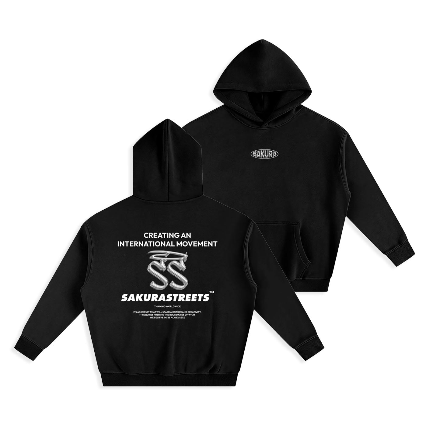 Two black pullover hoodies shown on a white background, with the front and back views overlapping. The back hoodie features a large white graphic and text reading 'Creating an International Movement' and 'SakuraStreets,' while the front hoodie has a smaller matching white chest logo.
