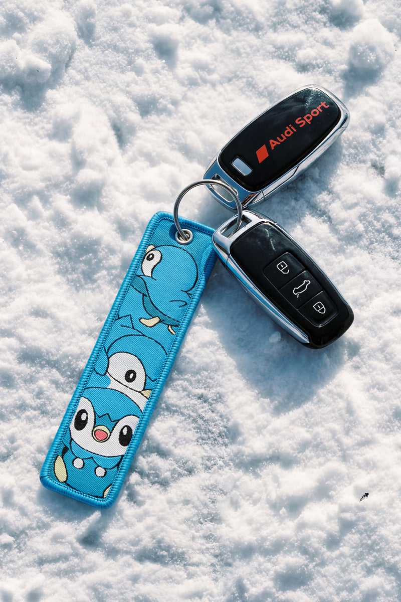 Car key with Audi Sport logo and a blue penguin keychain on snow