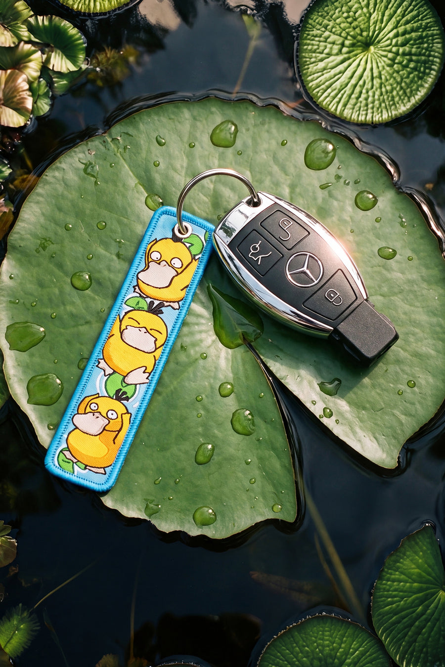 Keychain with cartoon character and Mercedes-Benz key fob on a lily pad