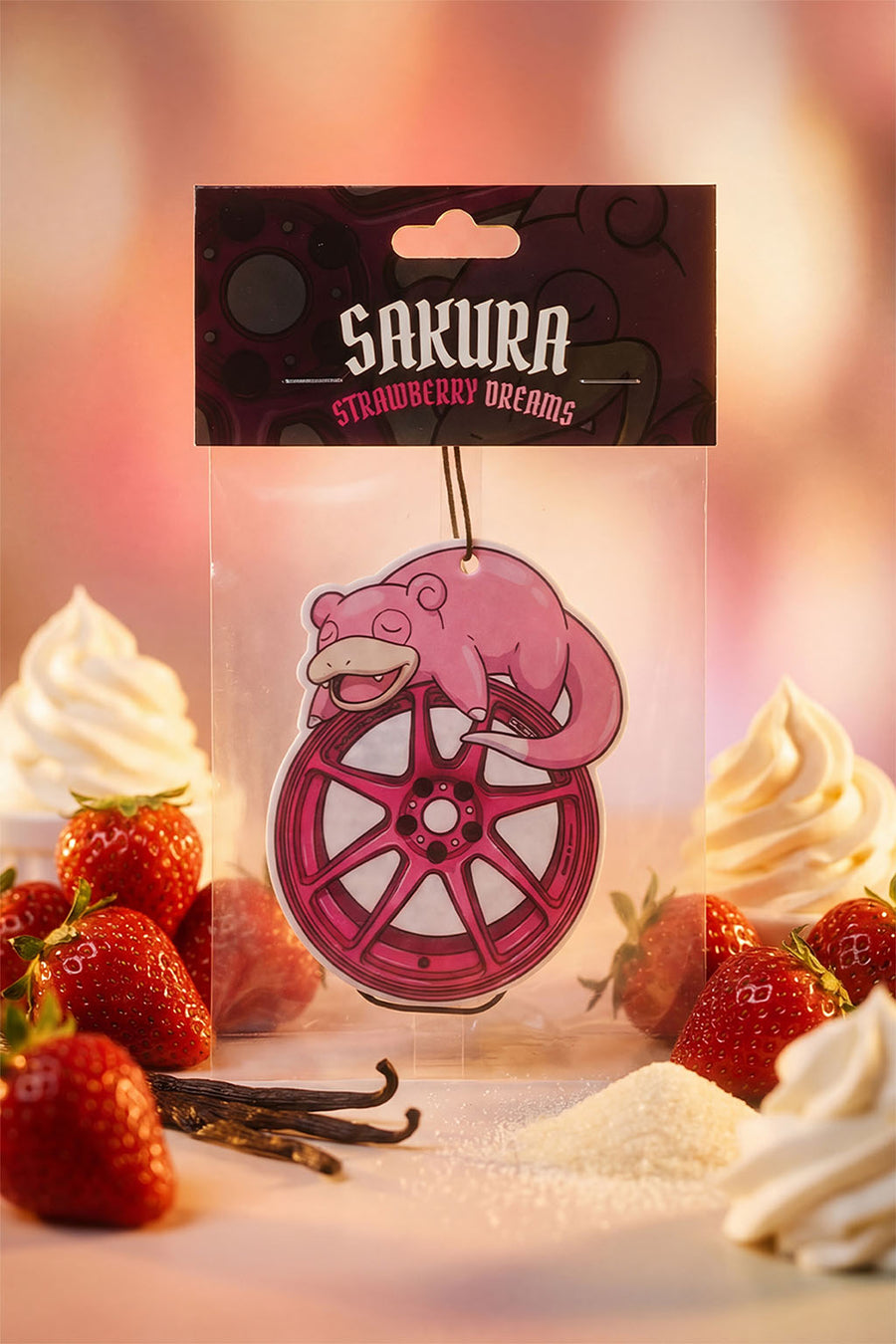 Pink candy work wheel with slowpoke kiwami design on a blurred background of strawberries and cream.