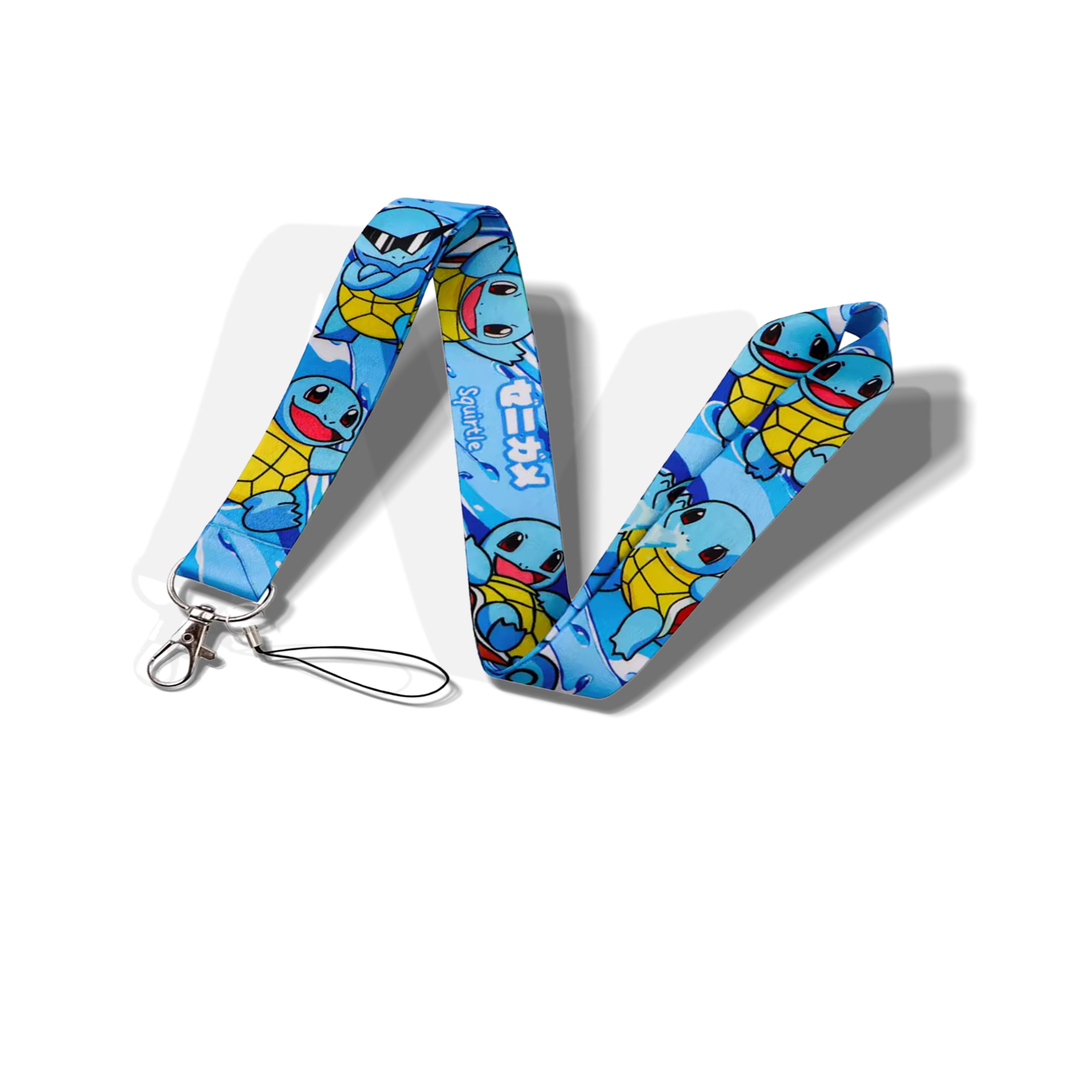 A blue fabric lanyard with squirtle, shown on a clean white background with a soft drop shadow.