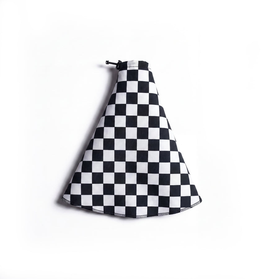 A black and white checkered shift boot.